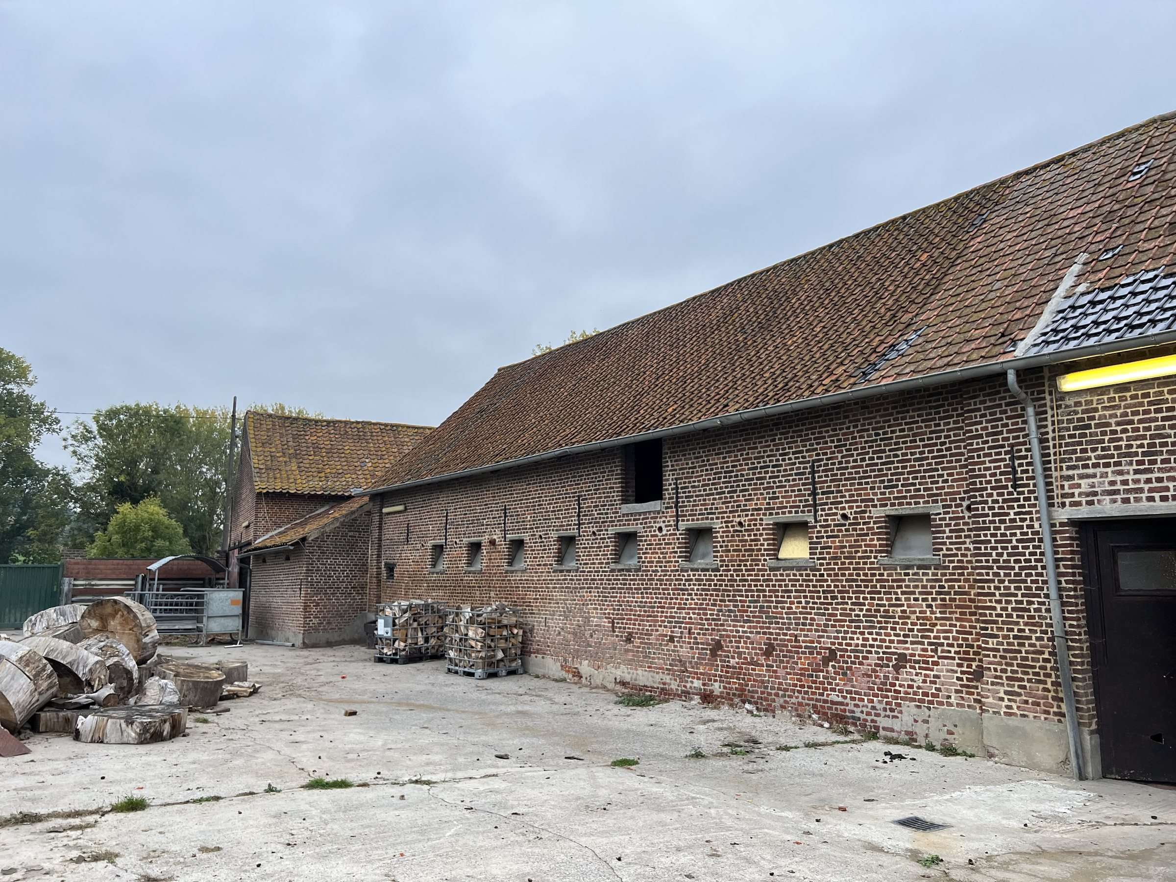 The concrete yard behind the farm, along the long barn