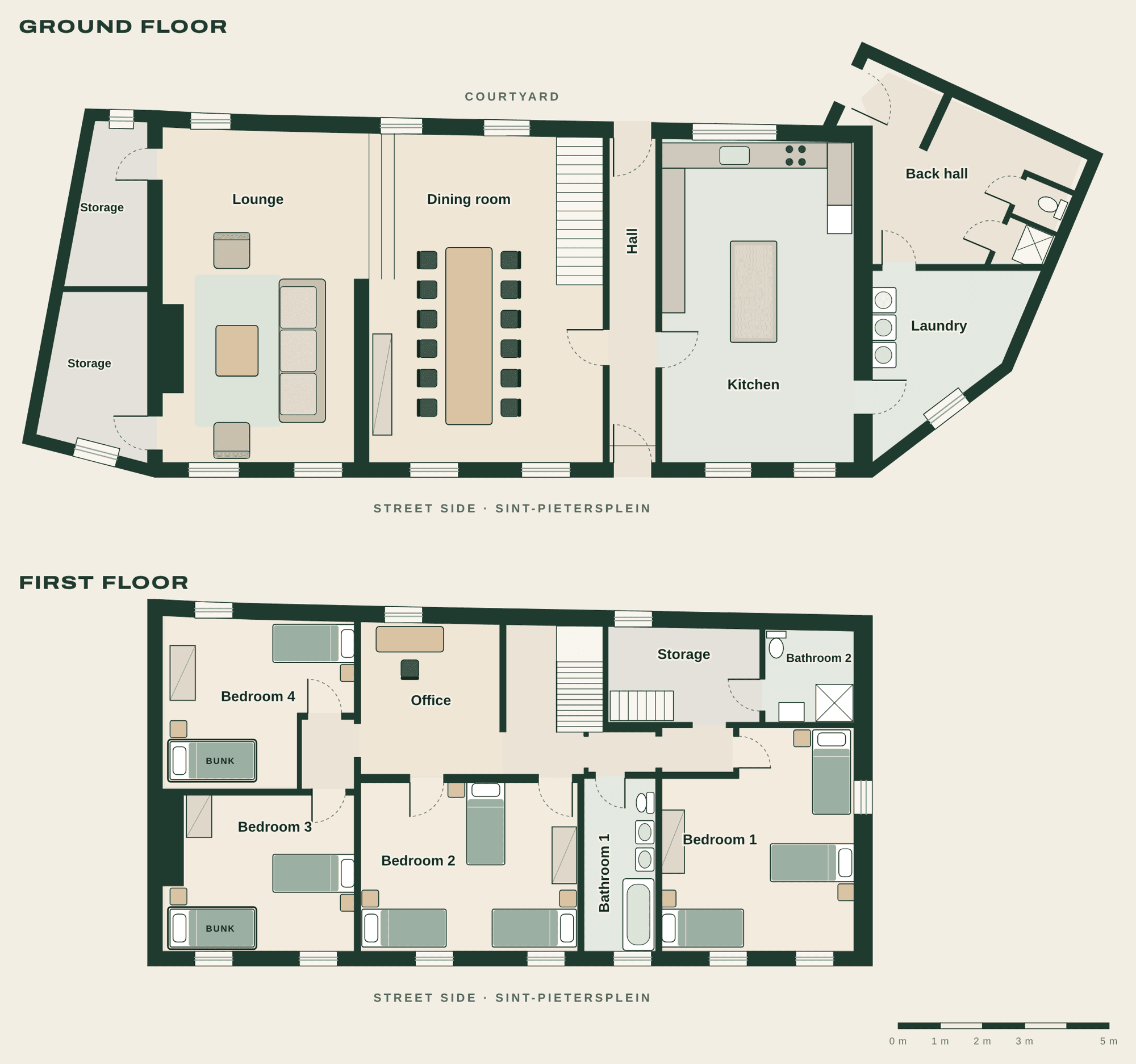 House 1: furnished floor plan of the ground floor and first floor