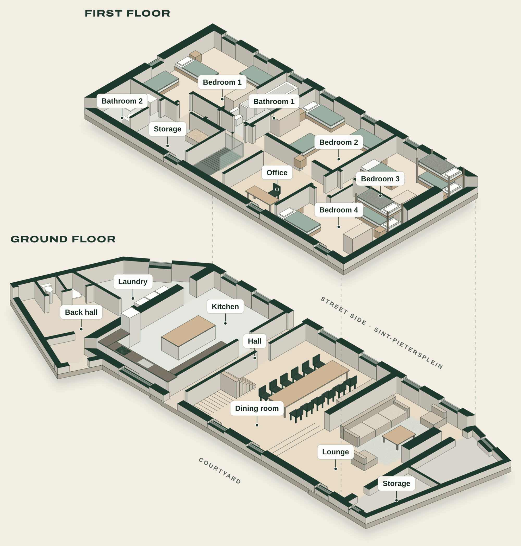 House 1: 3D drawing of the ground floor and first floor with room names