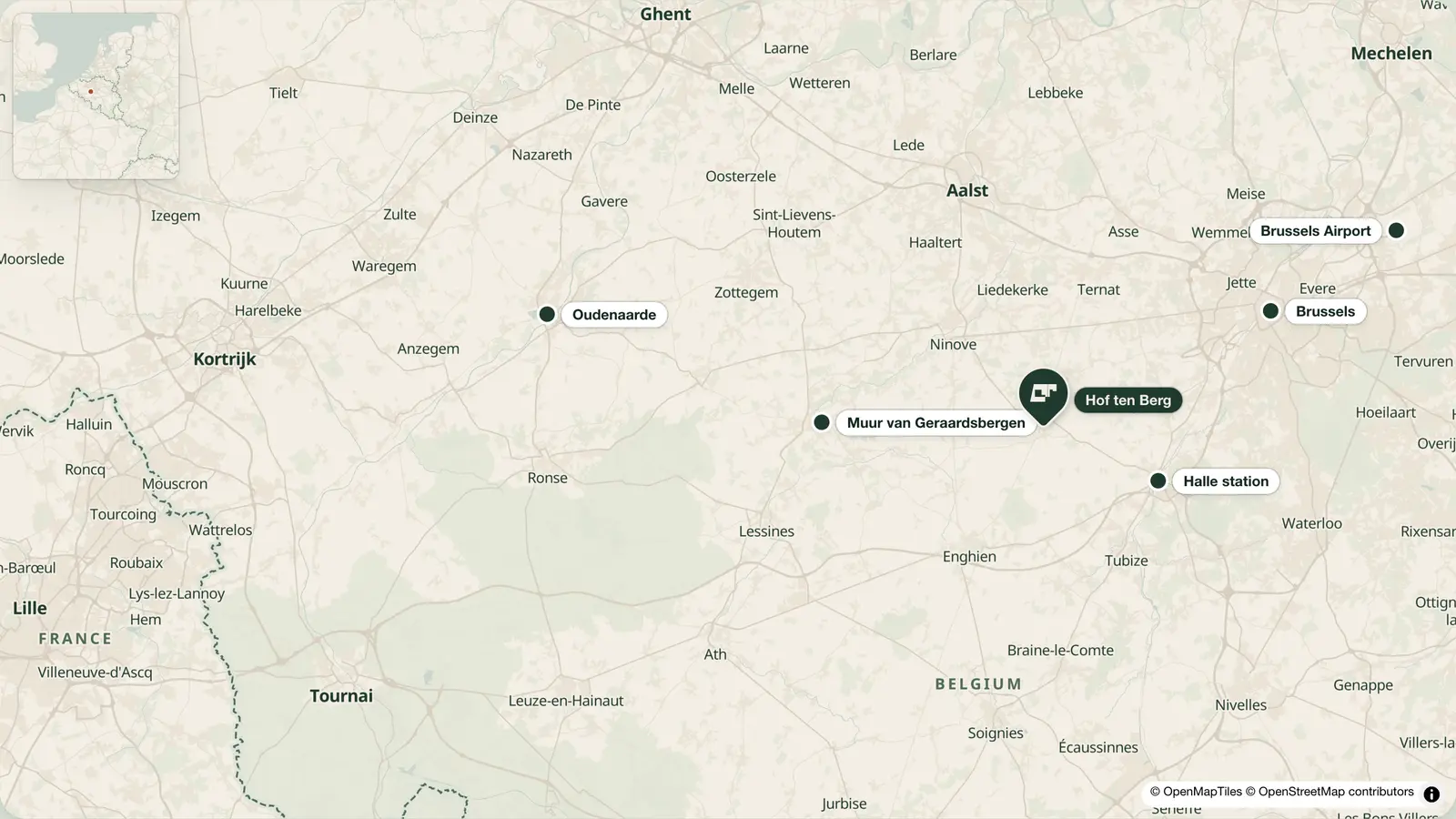 Map of the area around Leerbeek: Brussels to the north-east, Ninove, Aalst, Geraardsbergen and Oudenaarde to the west, Halle to the south-east.